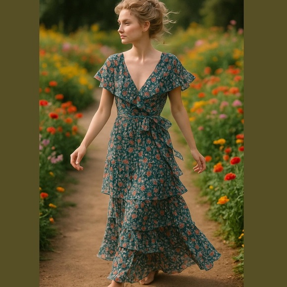 Ralph Lauren Black Label Dresses & Skirts - Y2K RALPH LAUREN BLACK LABEL CRINKLE CHIFFON FLORAL TIERED MAXI DRESS SZ 16